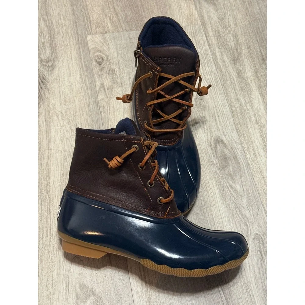 Sperry Saltwater Duck Boots Womens 7.5 Navy‎ Brown Leather Waterproof STS91175
